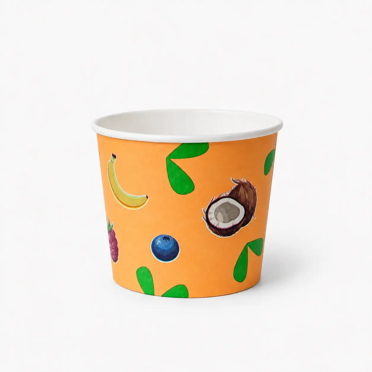 Eisbecher aus Papur-Pappe 250ml mit 81mm Durchmesser und 68mm Höhe mit Fruchtdesign, ohne PE-Beschichtung