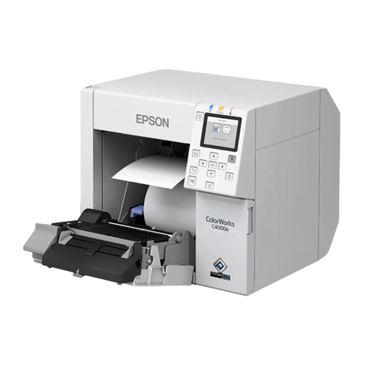 Epson ColorWorks C4000e bk mit offener Etikettenlade in weiß