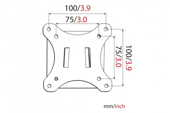 Feste VESA 75/100 Wandhalterung mit 18mm Wandabstand als Zeichnung mit Maßen