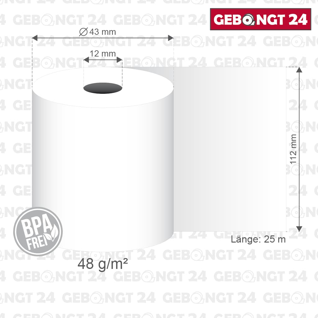 Thermorolle 112mm x 25m x 12mm I 48g/m² I BPA frei - Maße