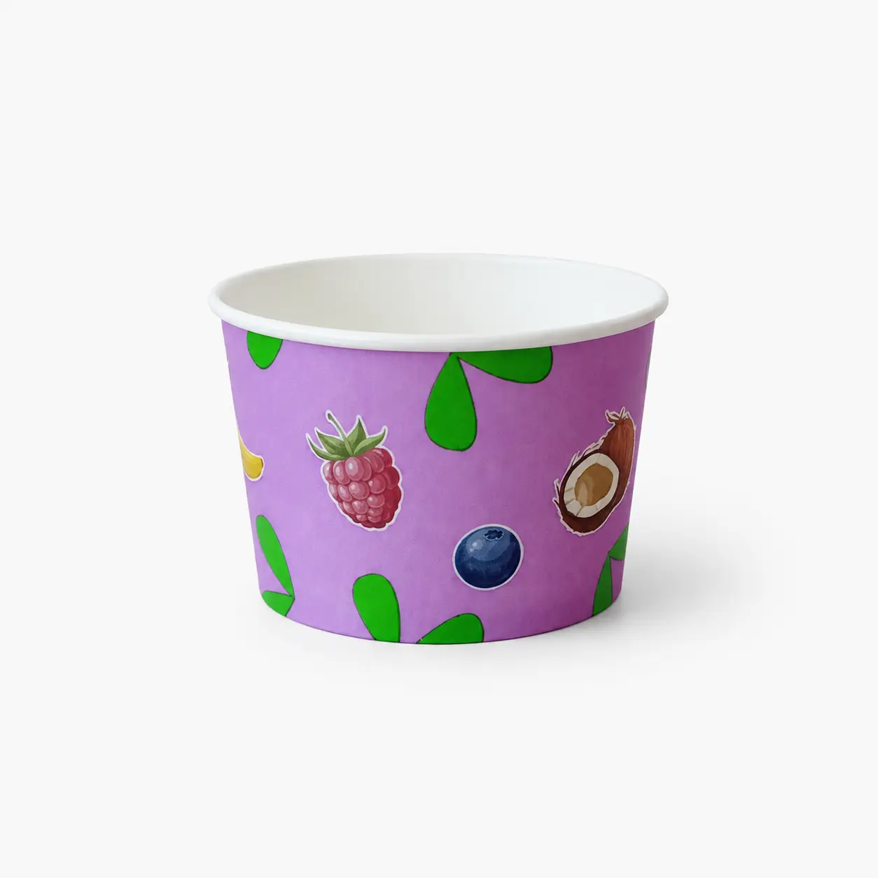 Eisbecher aus Papur-Pappe 220ml mit 85mm Durchmesser und 55mm Höhe mit Papur-Fruchtdesign und ohne PE-Beschichtung