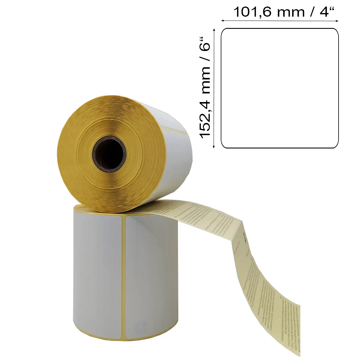 Etikettenrolle mit 101,6 x 152,4 mm / 4" x 6" Etiketten auf gelbem Trägerpapier gestapelt mit Maßlabel