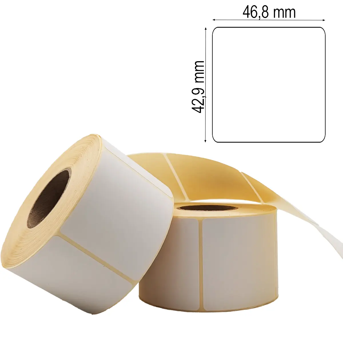 Etikettenrolle mit 46,8 x 42,9 mm Etiketten auf gelbem Trägerpapier gestapelt mit Maßlabel Etikettenrolle mit 46,8 x 42,9 mm Etiketten auf gelbem Trägerpapier gestapelt mit Maßlabel