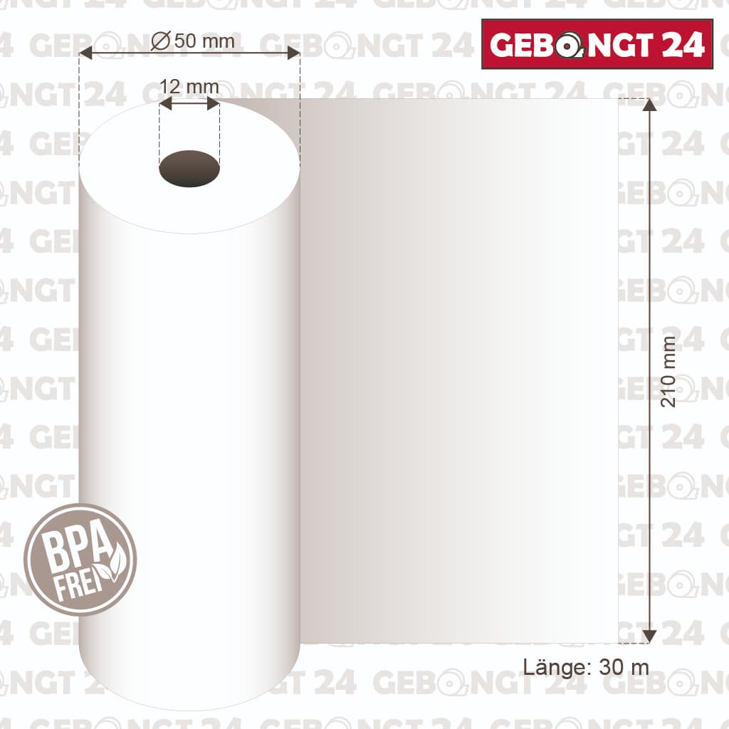 Maße der Faxrollen 210 x 30m x 12, ∅ 50mm