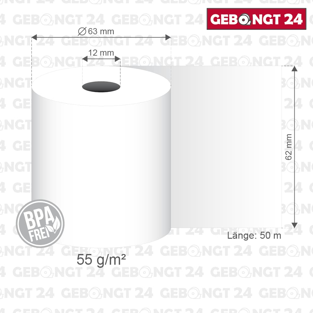 Maße der Thermorolle 62mm x 50m x 12mm I BPA frei