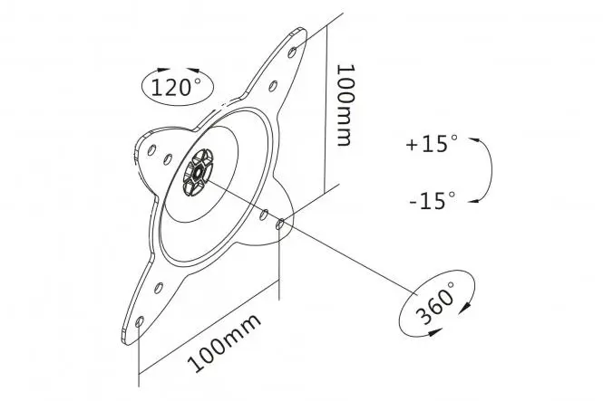 Zeichnung der Halterungskopf-Abmessungen der schwenkbaren Monitor-Wandhalterung für einen Monitor mit VESA 75x75 oder 100x100 Maßen und maximal 15kg Gewicht von vorne rechts