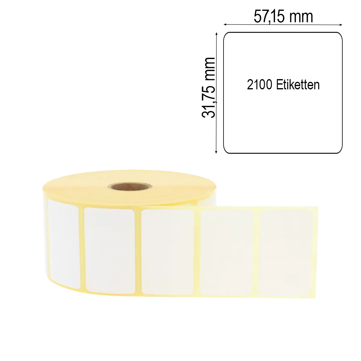 Perforiertes Etikett 57,15 x 31,75 mm auf gelbem Trägerpapier in Seitenansicht mit Maßlabel und 2100 Etiketten/Rolle