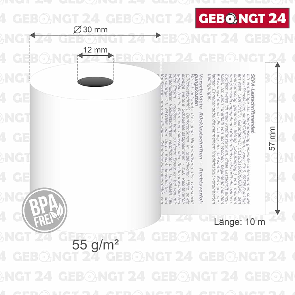 Maßangaben der Thermorolle 57mm x 10m x 12mm mit Payone Lastschrifttext