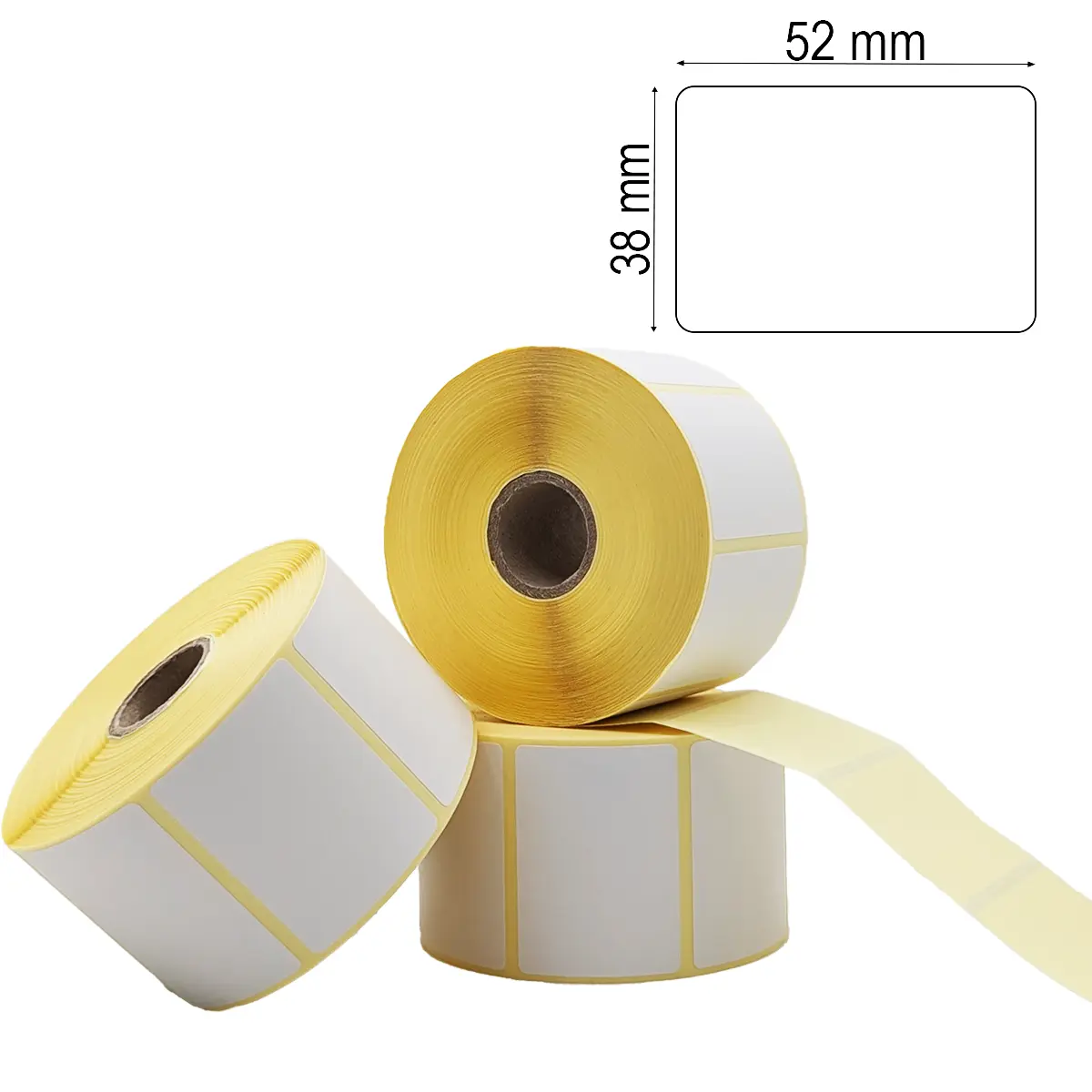 Perforiertes Etikett 52 x 38 mm auf gelbem Trägerpapier mit Maßlabel