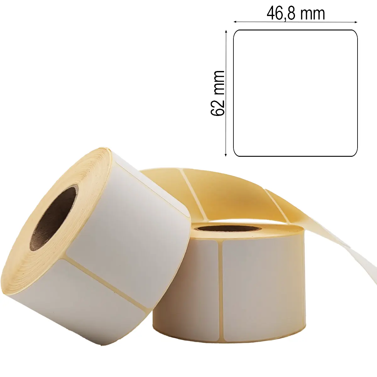 Etikettenrolle mit 46,8 x 62 mm Etiketten auf gelbem Trägerpapier gestapelt mit Maßlabel Etikettenrolle mit 46,8 x 62 mm Etiketten auf gelbem Trägerpapier gestapelt mit Maßlabel