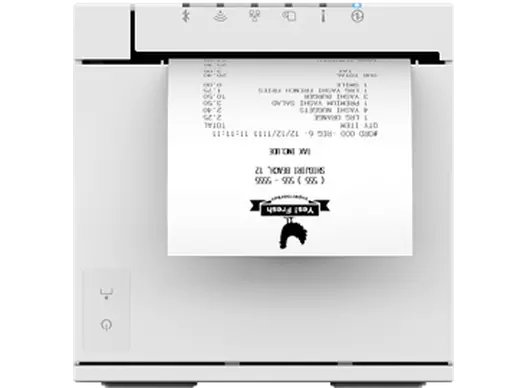 Epson TM-m30III in weiß mit WLAN, Ethernet & Bluetooth von vorn mit Bon