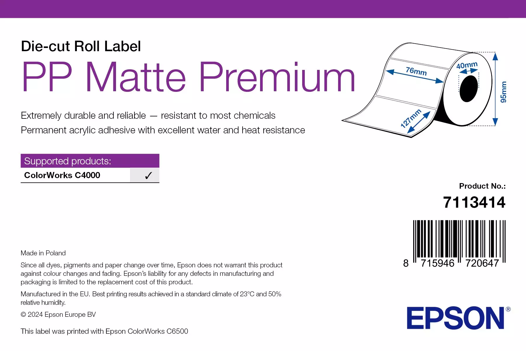 Epson Polypropylen (PP) Inkjet-Etiketten 76mm x 127mm mit 95mm Durchmesser & 40mm Kern für die ColorWorks C3500 & C4000