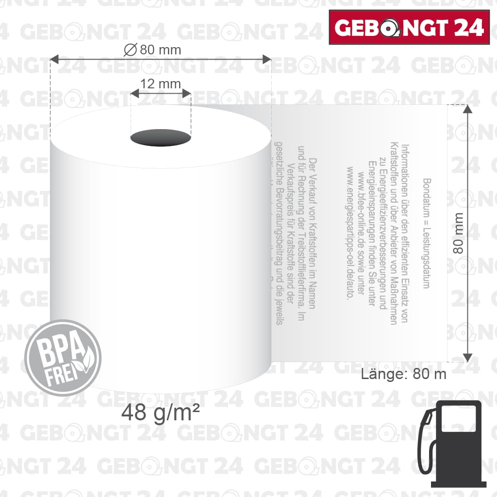 Tankstellenrolle 80mm x 80m x 12mm - BPA frei