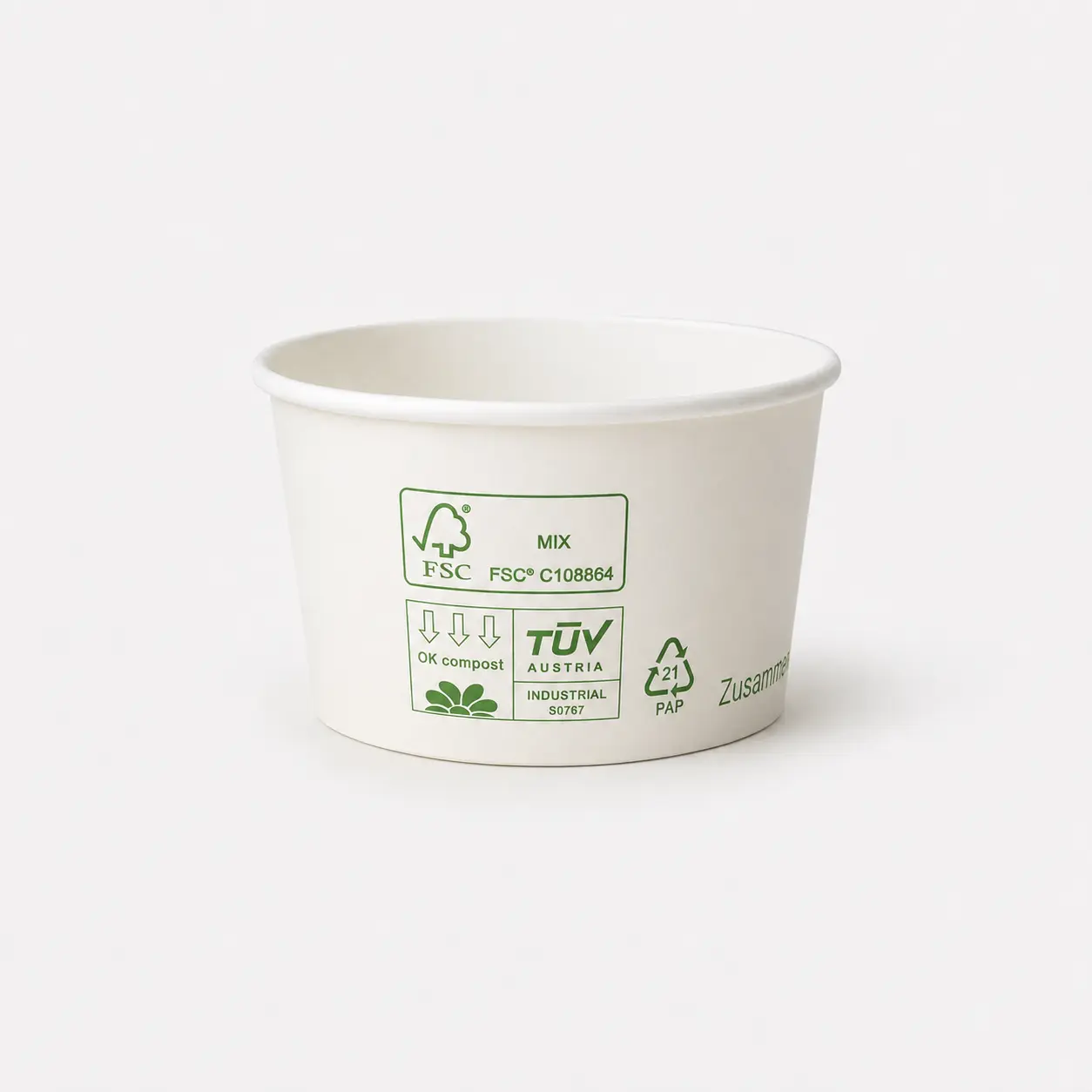 Eisbecher aus Papur-Pappe 260ml mit 92mm Durchmesser und 55mm Höhe mit Papur-FSC-line Design in Weiß und ohne PE-Beschichtung