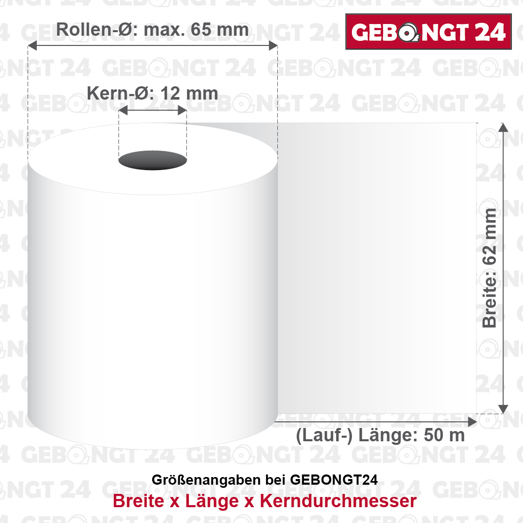 Maße von Thermorollen 62 mm x 50 m x 12 mm