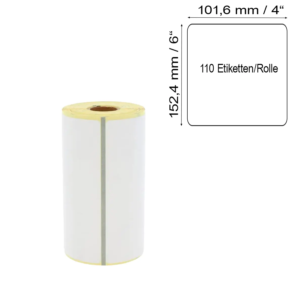 Versandetiketten mit 101,6 x 152,4 mm / 4" x 6" Etiketten auf gelbem Trägerpapier mit Blackmark mit Maßlabel