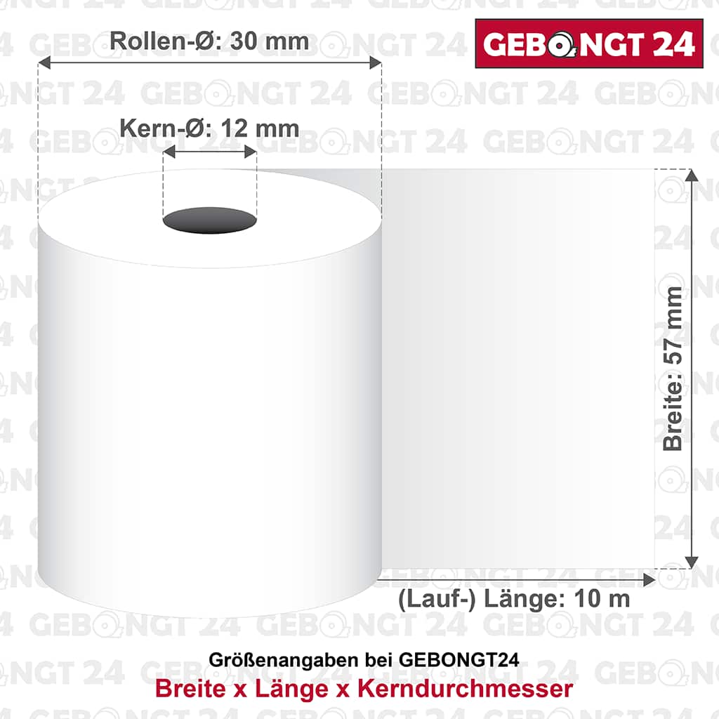 Maße von Thermorollen 57 mm x 10 m x 12 mm (Durchmesser: 30 mm) Maße von Thermorollen 57 mm x 10 m x 12 mm
