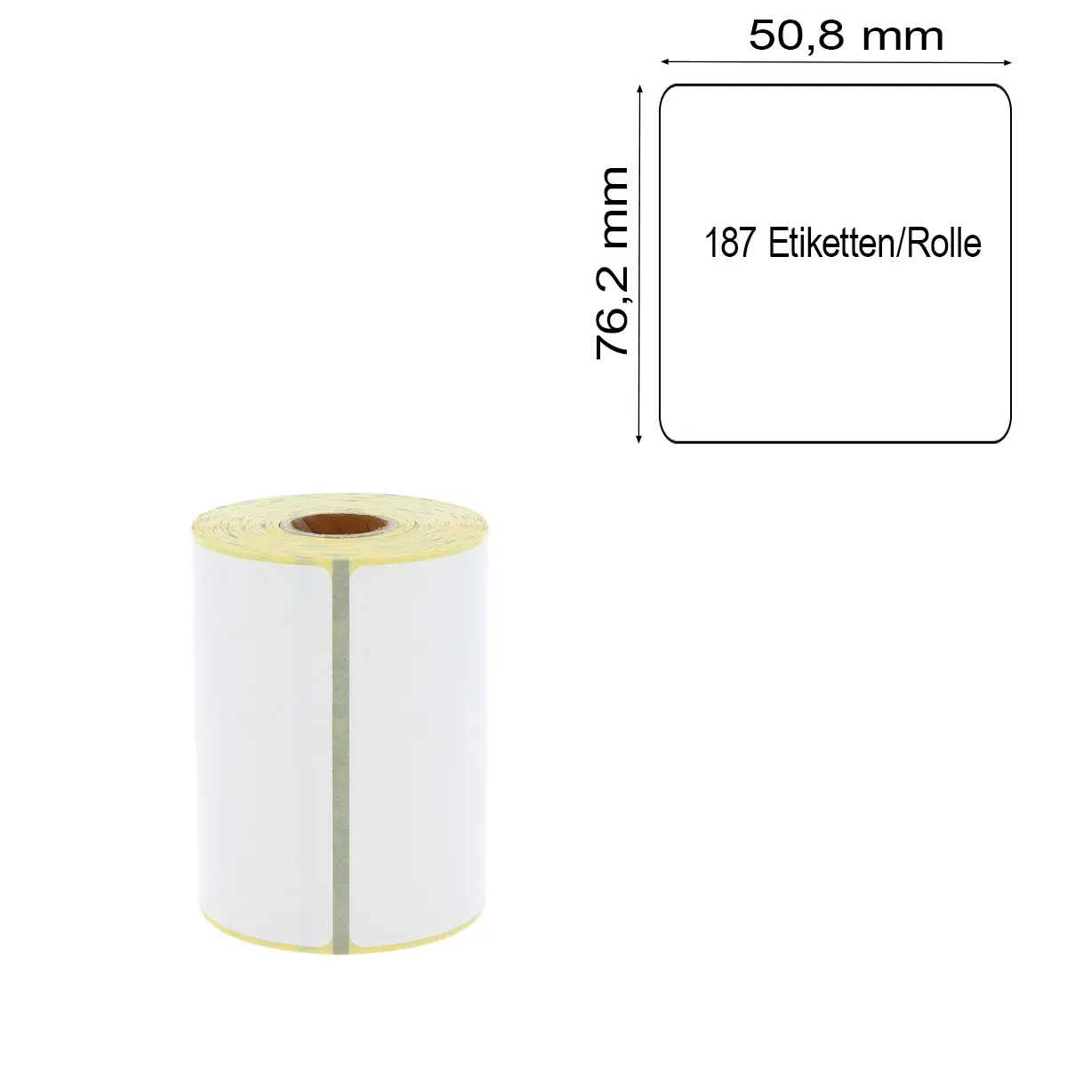 Perforiertes Etikett 76,2 x 50,8 mm auf gelbem Trägerpapier mit Maßlabel