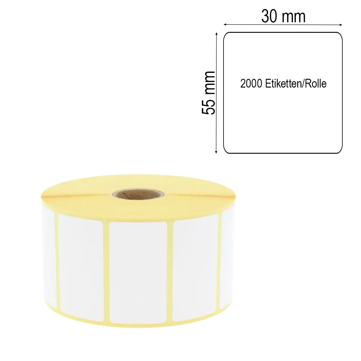 Zebra 3004954 kompatibles Perforiertes Etikett 55 x 30 mm auf gelbem Trägerpapier, 2000 Etiketten/Rolle mit Maßlabel