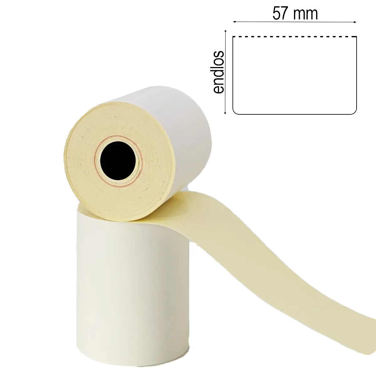 Etikettenrolle mit 57 x endlos Etiketten auf gelbem Trägerpapier gestapelt mit 48mm Durchmesser & Maßlabel Etikettenrolle mit 57 x endlos Etiketten auf gelbem Trägerpapier gestapelt mit 48mm Durchmesser & Maßlabel