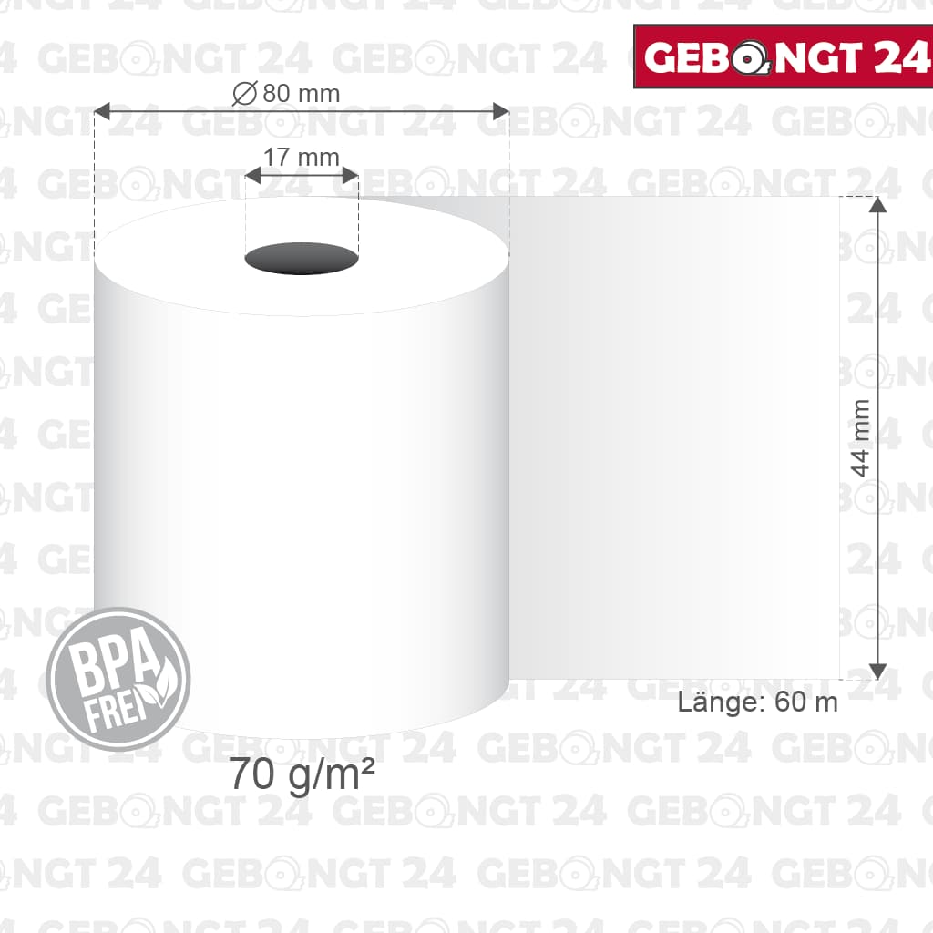 Thermorolle 44mm x 60m x 17mm, 70g/m² Thermopapier, BPA frei