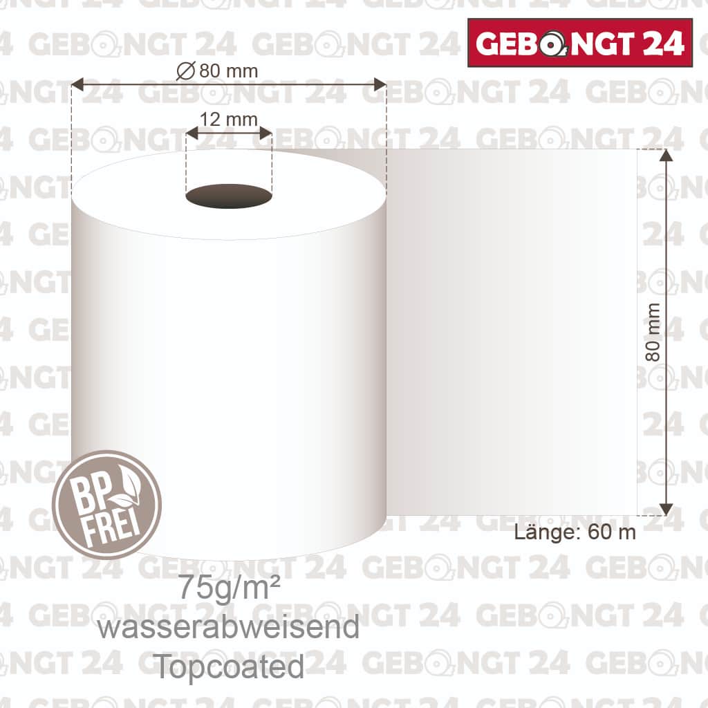 Maße der Thermorolle 80x80x12, Wasserabweisend