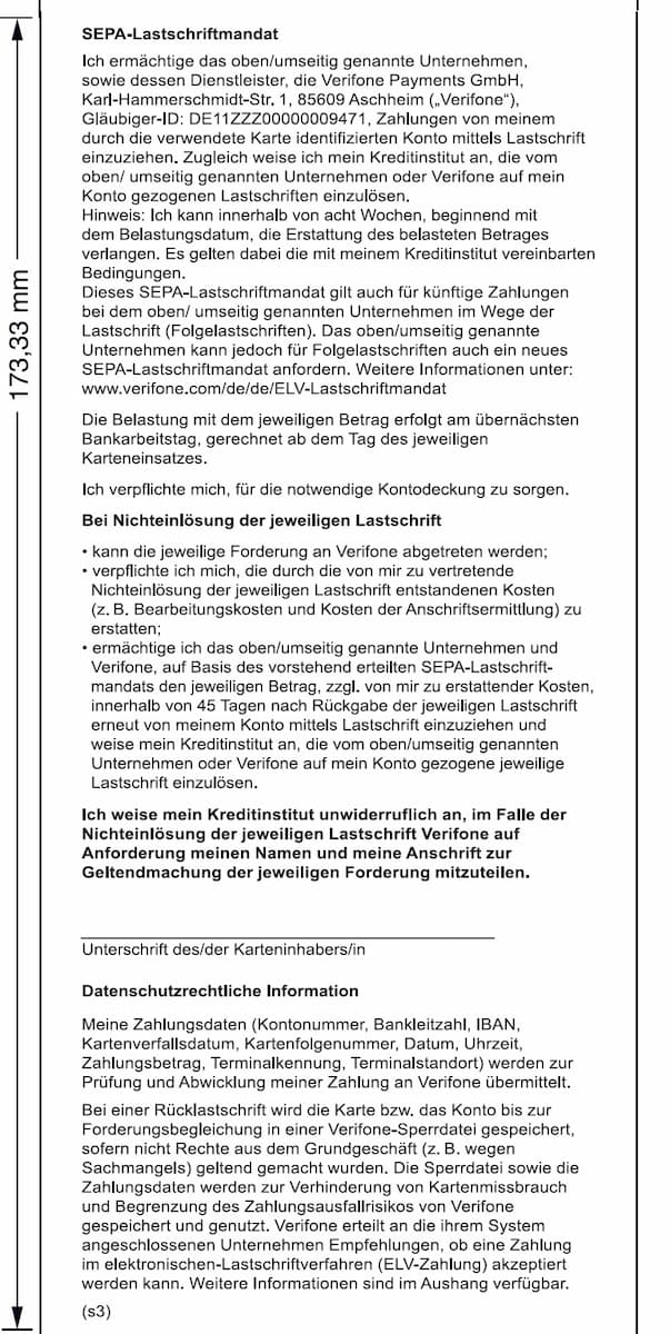 SEPA Lastschrifttext von Verifone