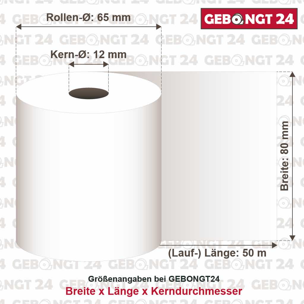 Maße von Thermorollen 80 mm x 50 m x 12 mm
