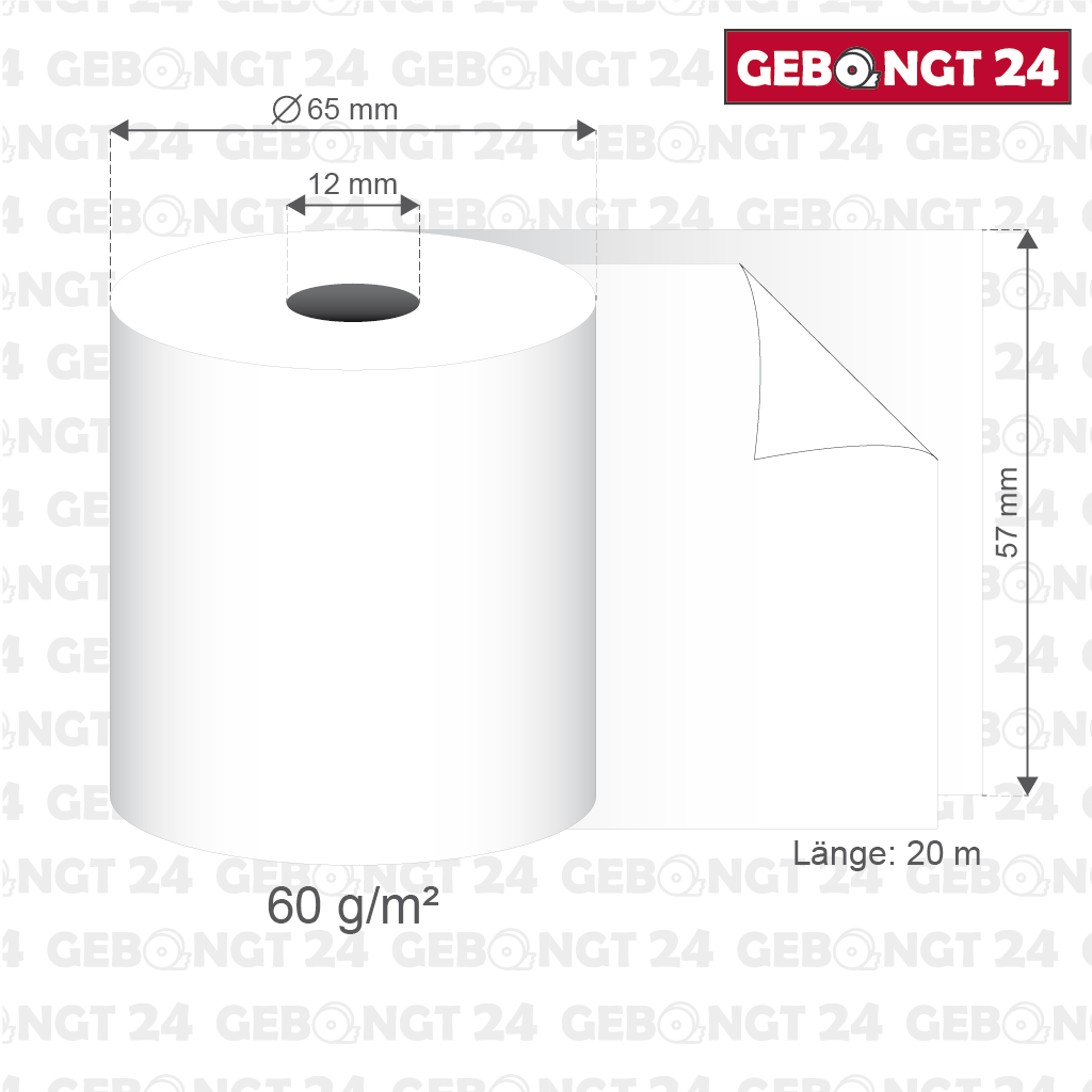 Normalpapierrolle 57mm x 20m x 12mm I 2-fach gewickelt w/w