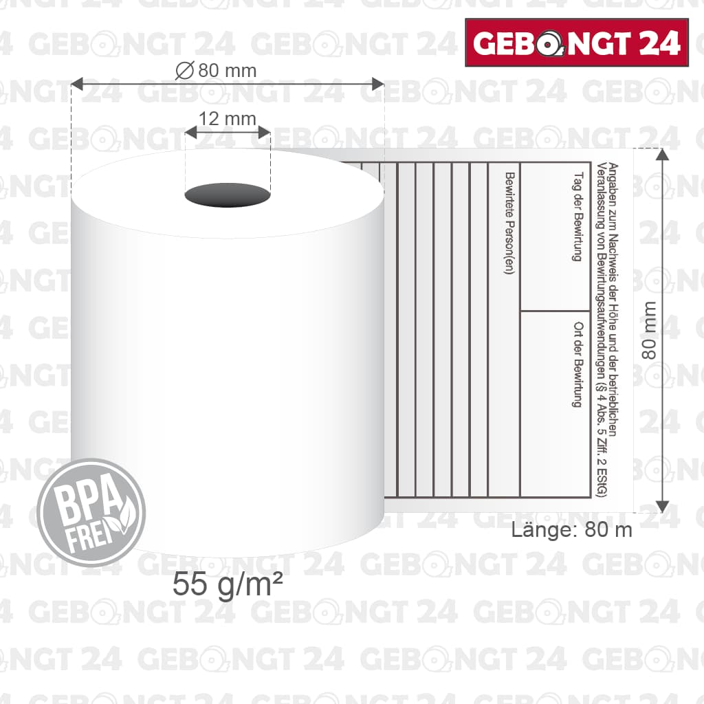 Thermorolle 80mm x 80m x 12mm, Bewirtungstext 1, BPA frei