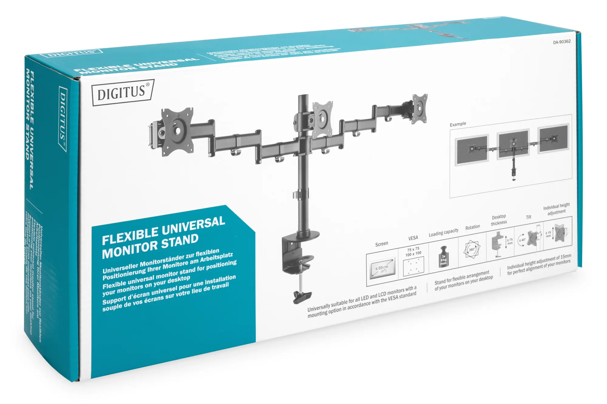 Universelle 75 x 75 & 100 x 100 Monitorhalterung für  3 Monitore Verpackung