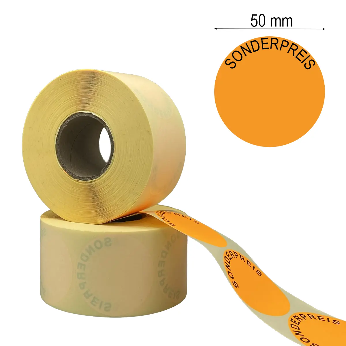 Sonderpreisetikett in Orange mit 50mm Durchmesser und der Aufschrift Sonderpreis, Maßlabel