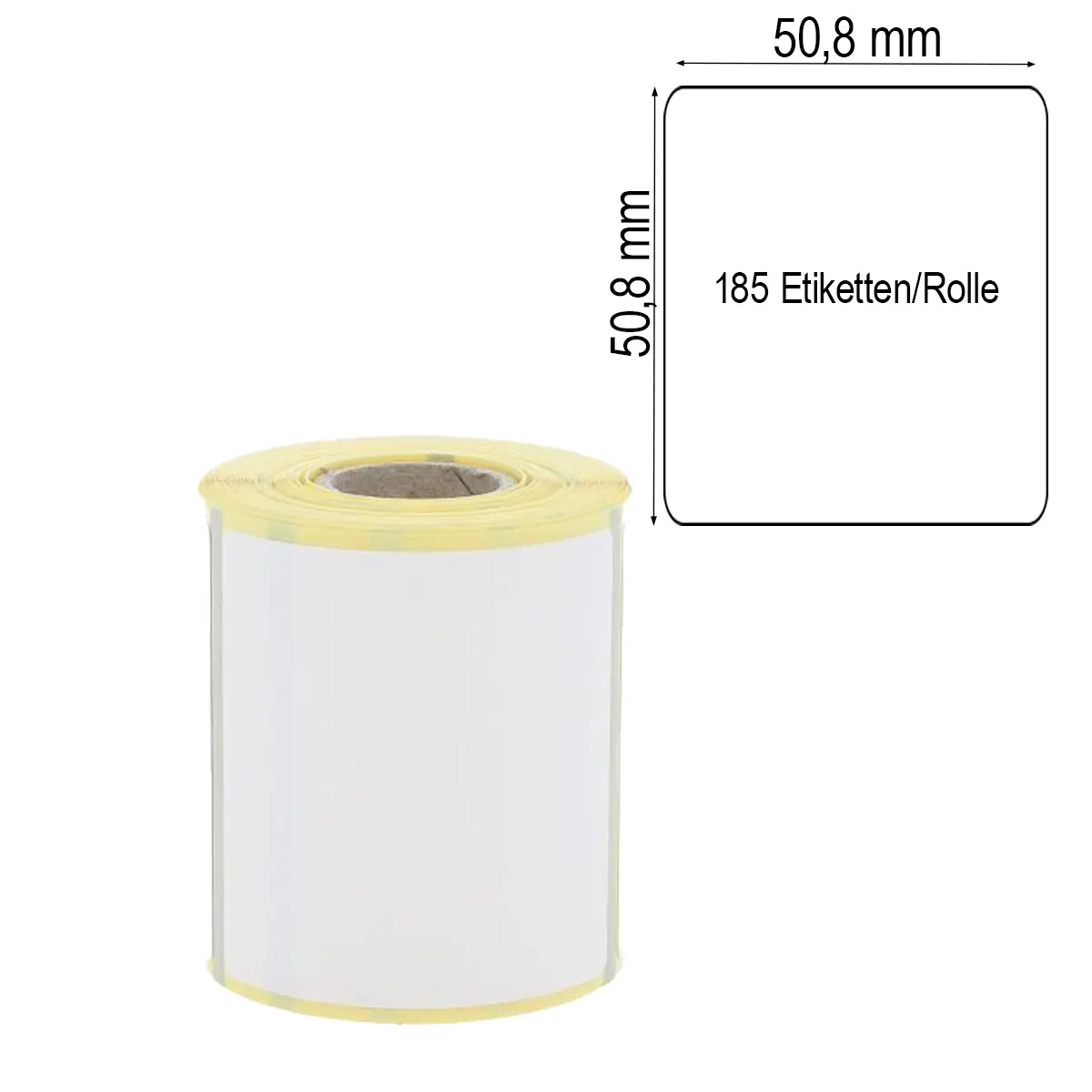 Perforiertes Etikett 50,8 x 50,8 mm auf gelbem Trägerpapier mit Maßlabel