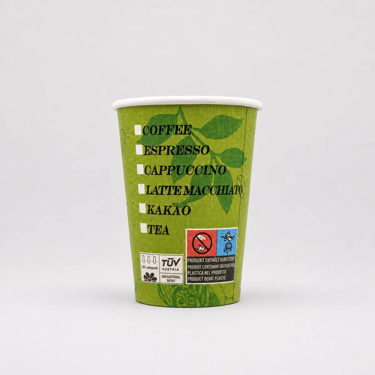 Automatenbecher mit 180ml Füllvolumen im grünen Bio-Design, hinten