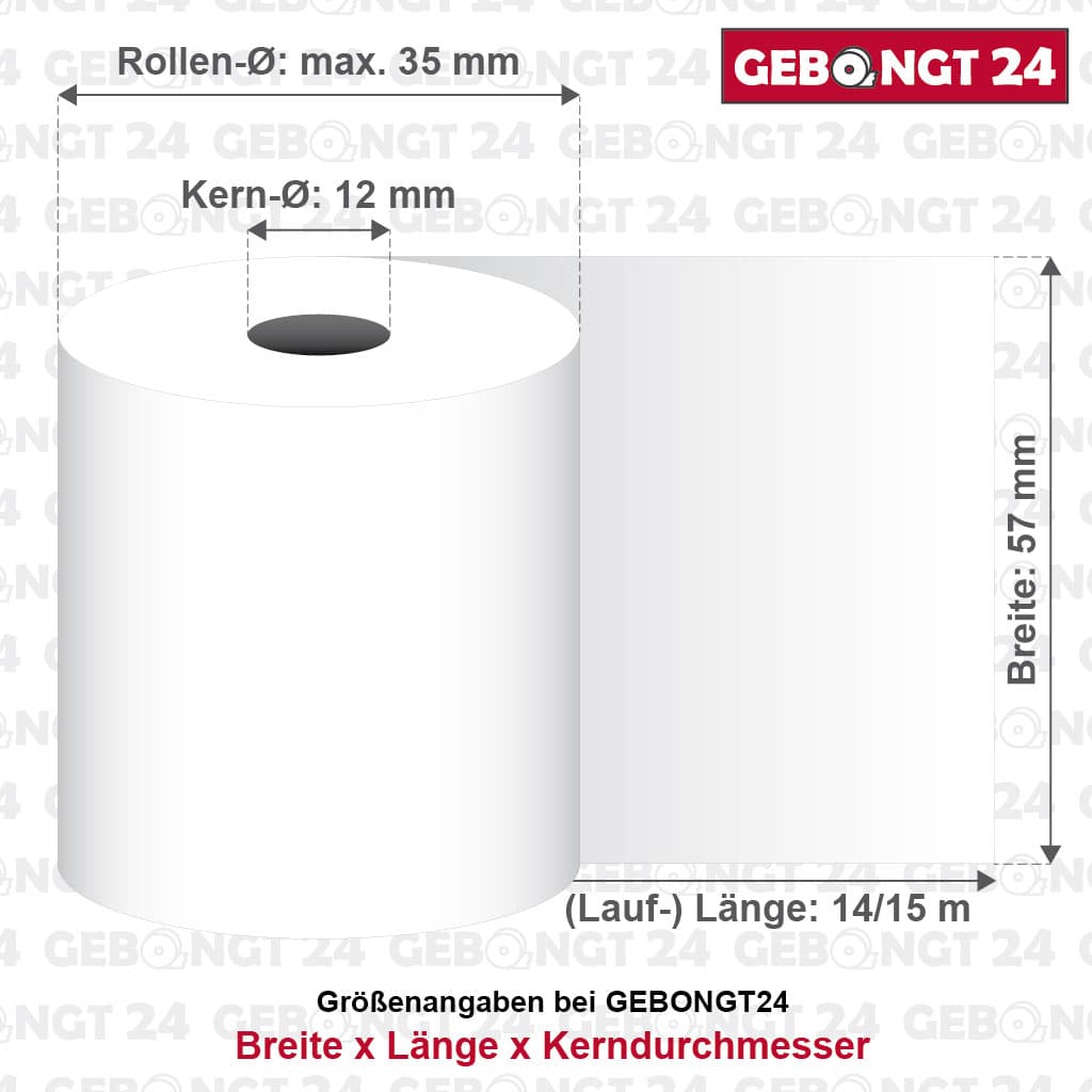 Maße von Thermorollen 57 mm x 15 m x 12 mm