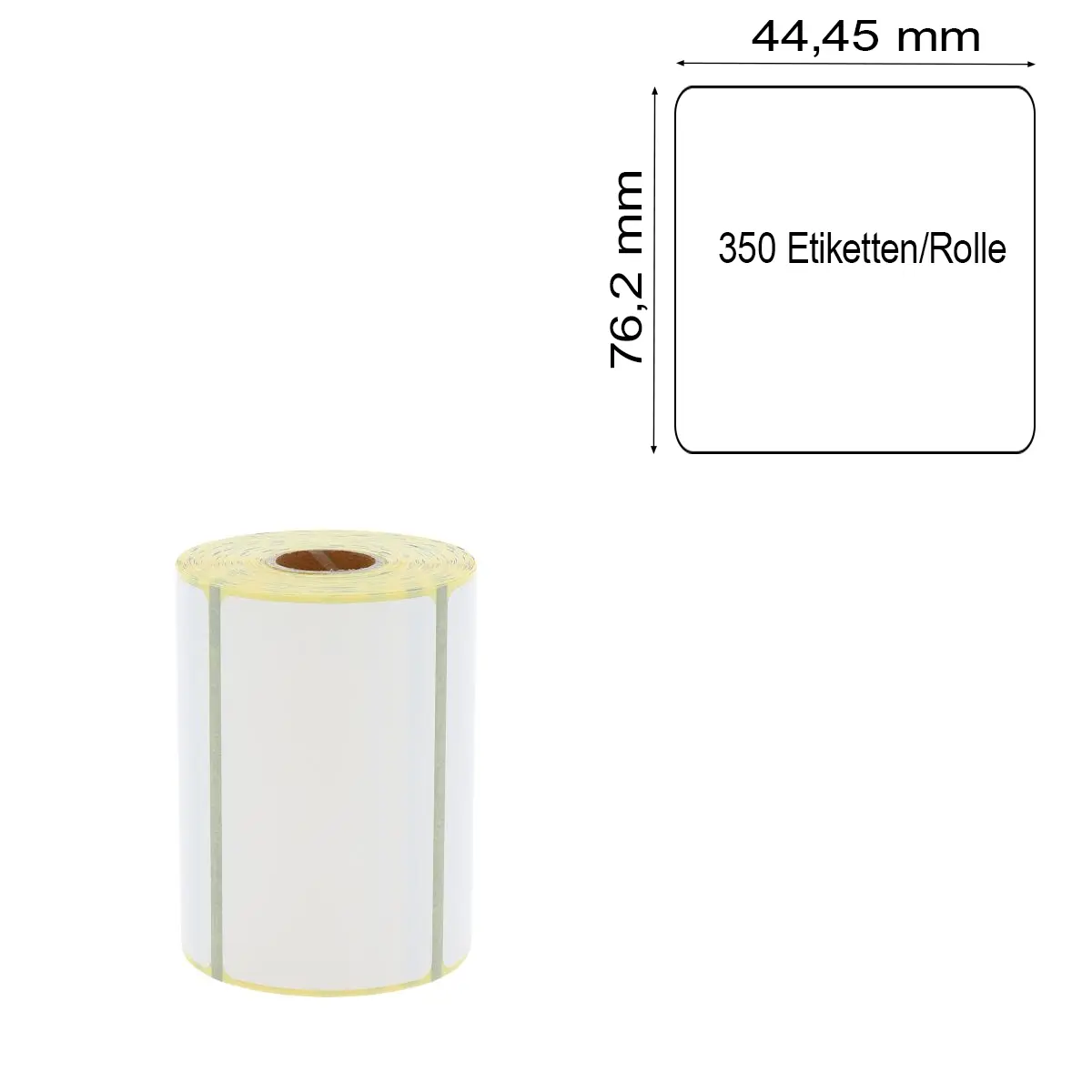 Perforiertes Etikett 76,2 x 44,45 mm auf gelbem Trägerpapier mit Maßlabel und Blackmark