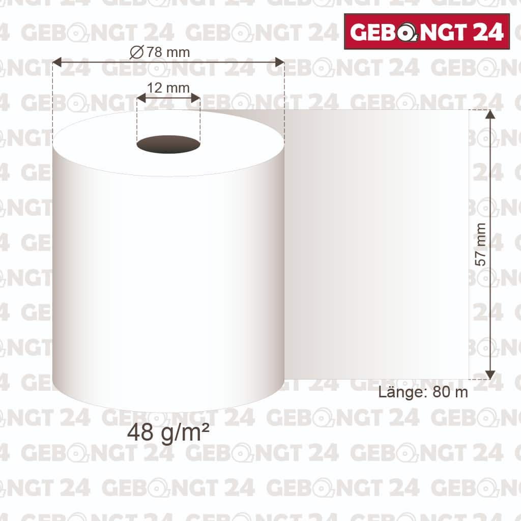 Maße der Thermorolle 57 x 80m x 12, 48g Thermopapier