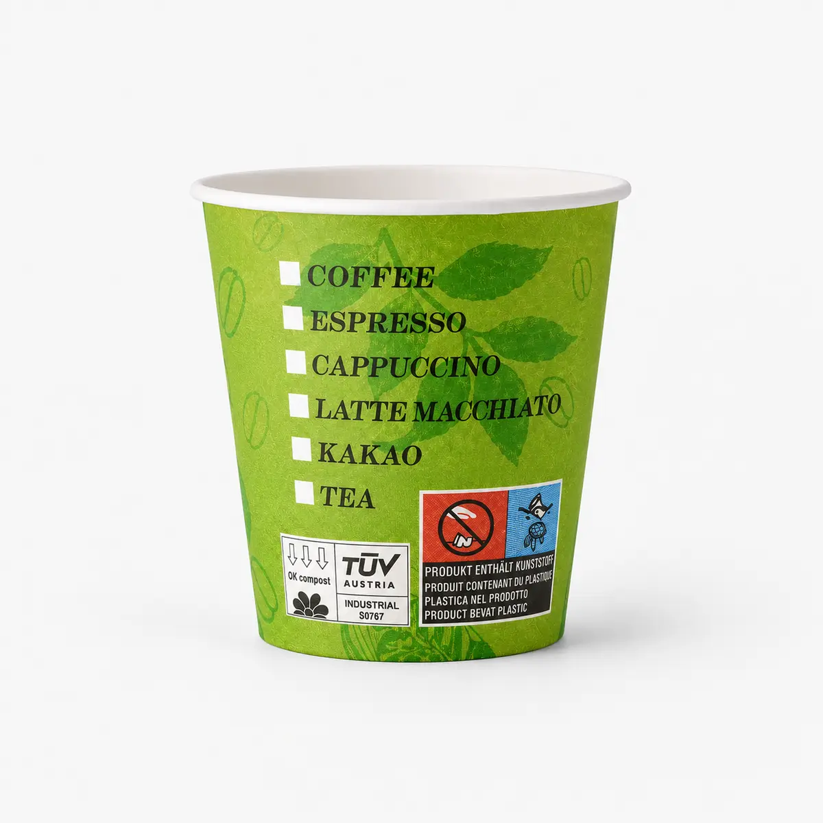 Kaffeebecher mit 300ml Füllvolumen im grünen Bio-Design, hinten
