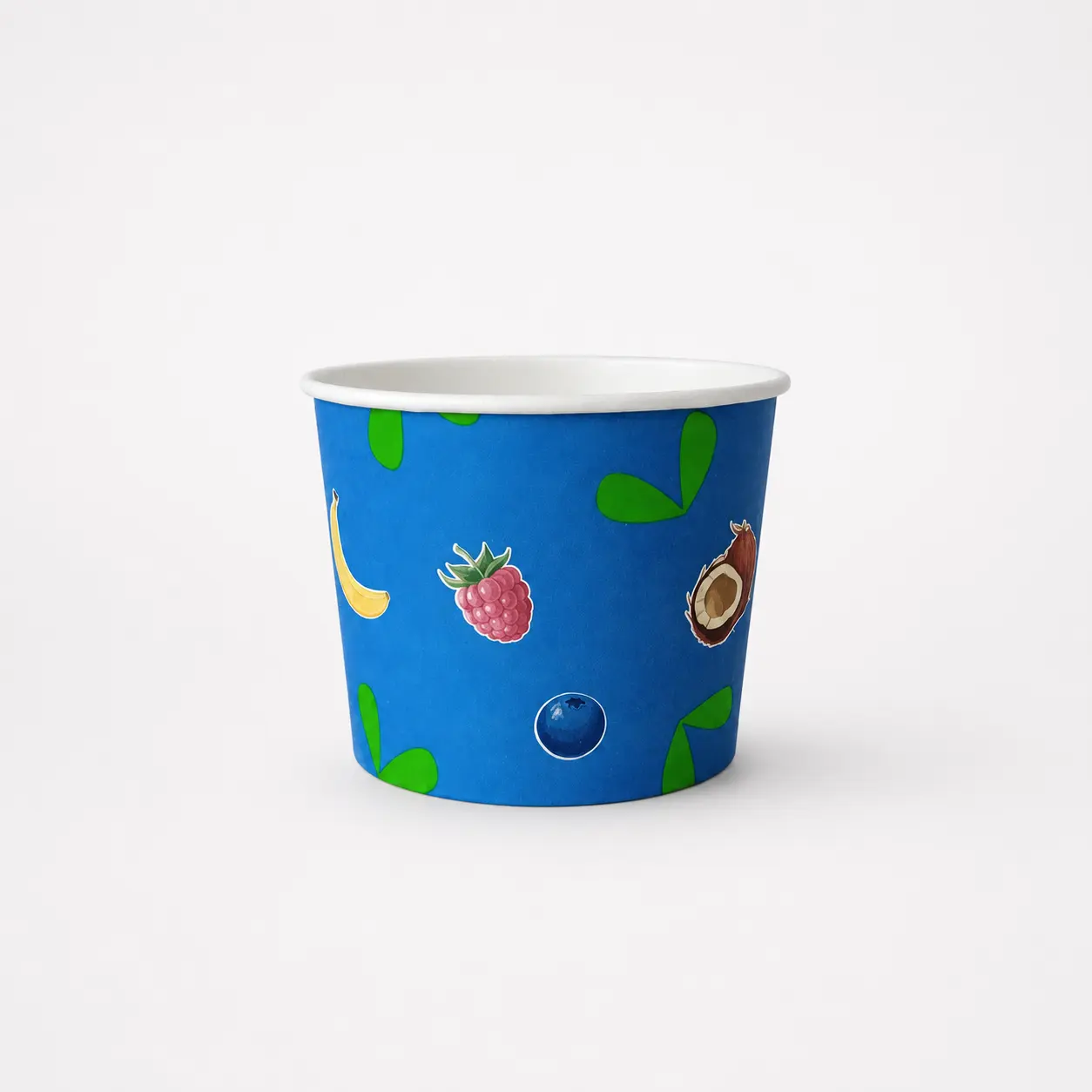 Eisbecher aus Papur-Pappe 580ml mit 110mm Durchmesser und 84mm Höhe mit Papur-Fruchtdesign und ohne PE-Beschichtung