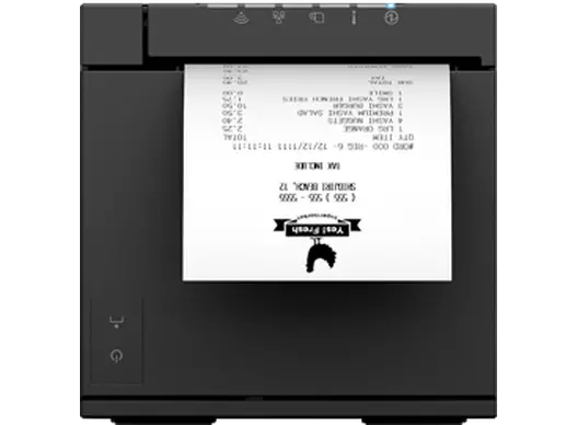 Epson Bondrucker TM-m30III mit Ethernet und USB Anschlüssen in Schwarz von vorne mit Bon