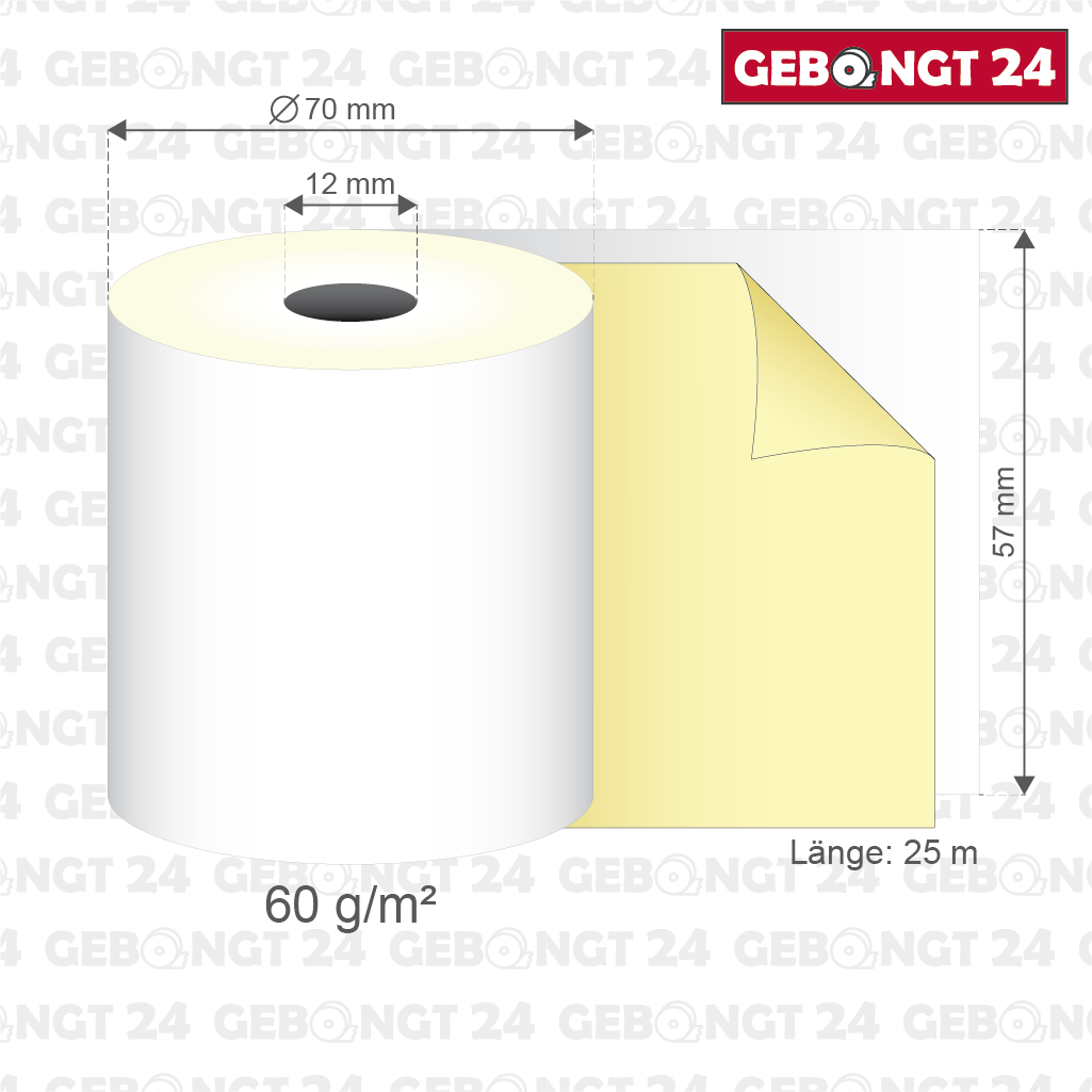 Normalpapierrolle 57mm x 25m x 12mm I 2-fach gewickelt w/g