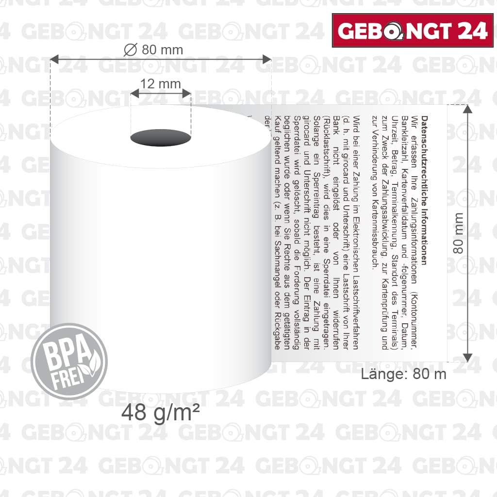 Thermorolle 80mm x 80m x 12mm, Sepa Lastschrifttext, BPA frei