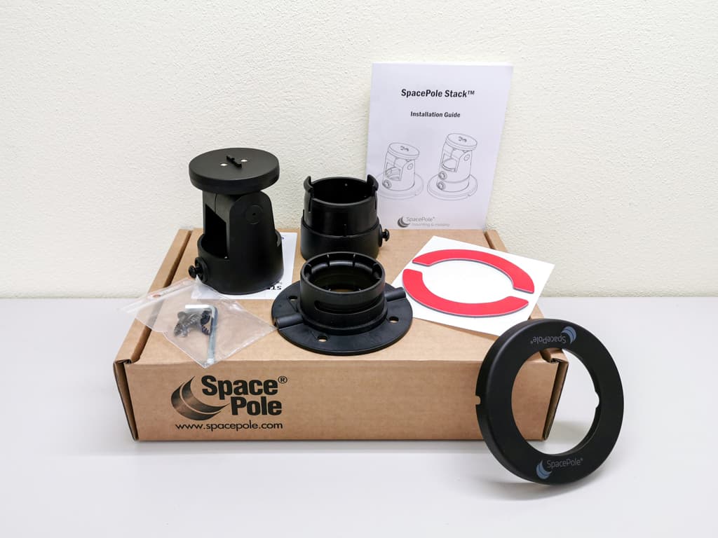 SpacePole Standrohr "Stack" 100 - 130mm mit Kippgelenk Realbild Lieferumfang