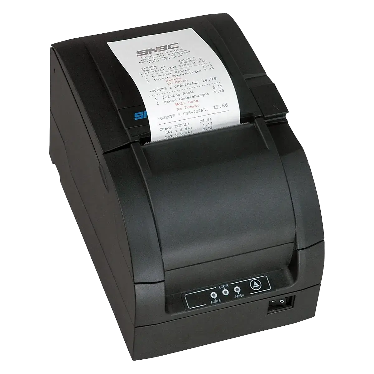 SNBC Bondrucker mit USB, Seriellen & Ethernet Anschlüssen in Schwarz von vorne-links mit Bon
