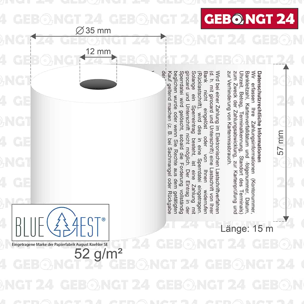 Maße der Blue4est Öko Thermorolle 57x15x12 mit SEPA Lastschrifttext