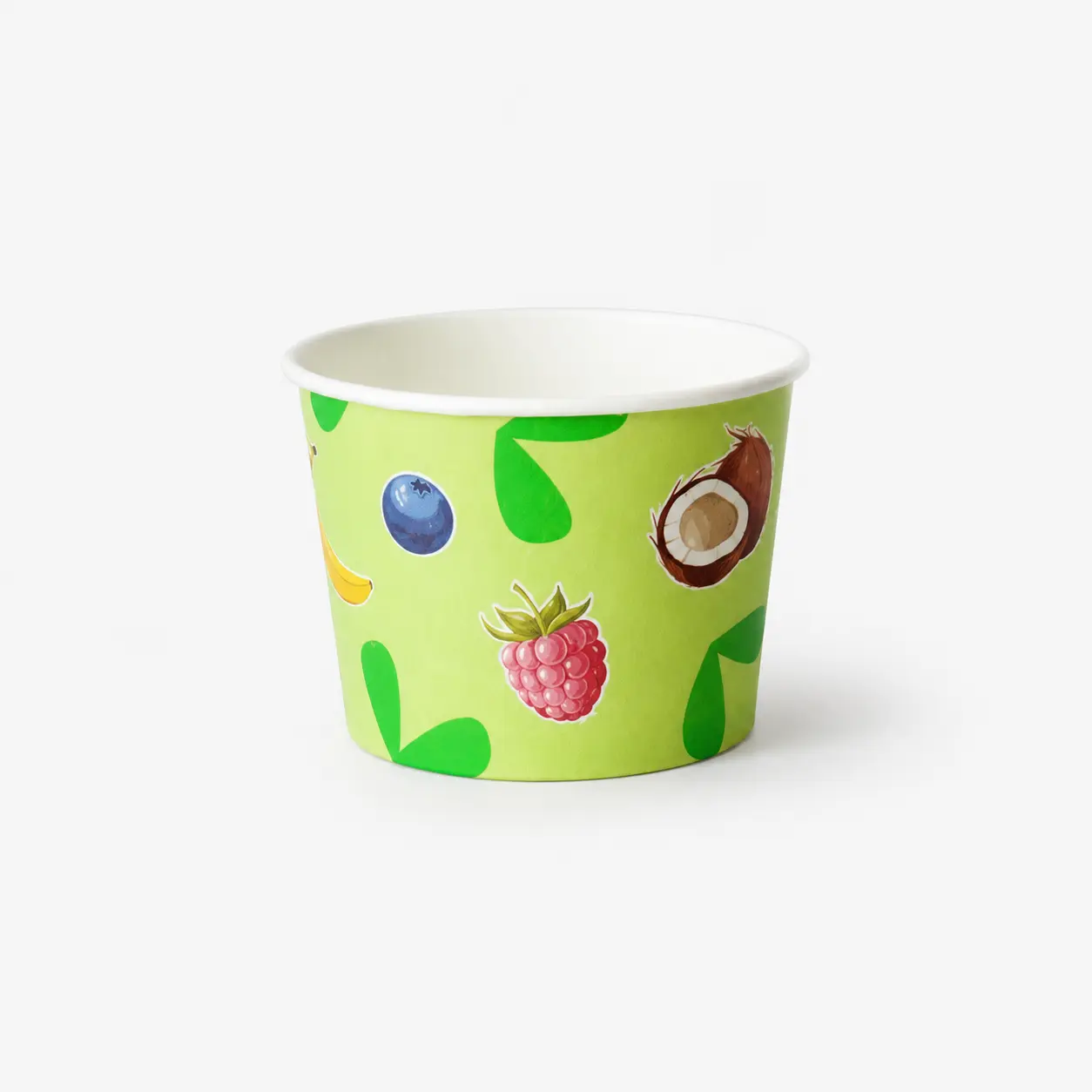Eisbecher aus Papur-Pappe 140ml mit 73mm Durchmesser und 52mm Höhe mit Papur-Fruchtdesign und ohne PE-Beschichtung
