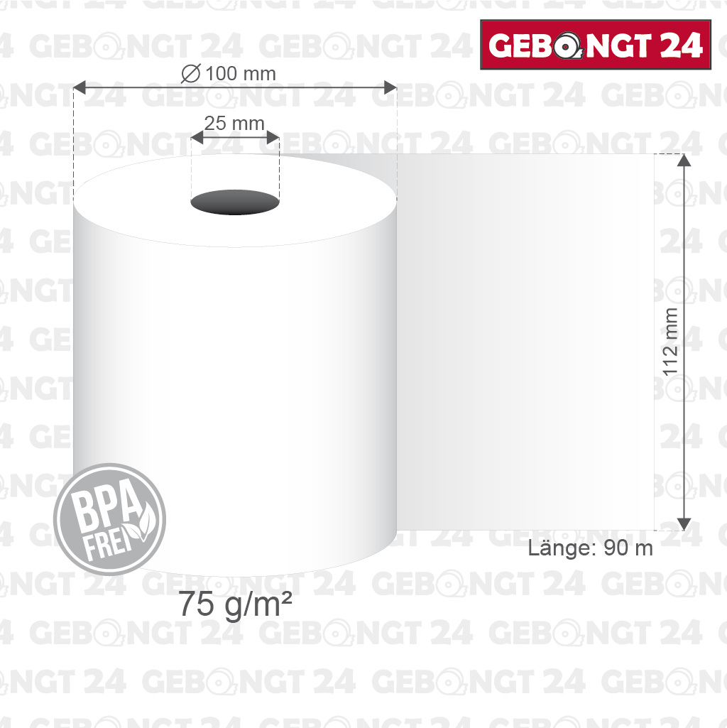 Maße der Thermorolle 112mm x 90m x 25mm, 75 g/m² Thermopapier, BPA frei