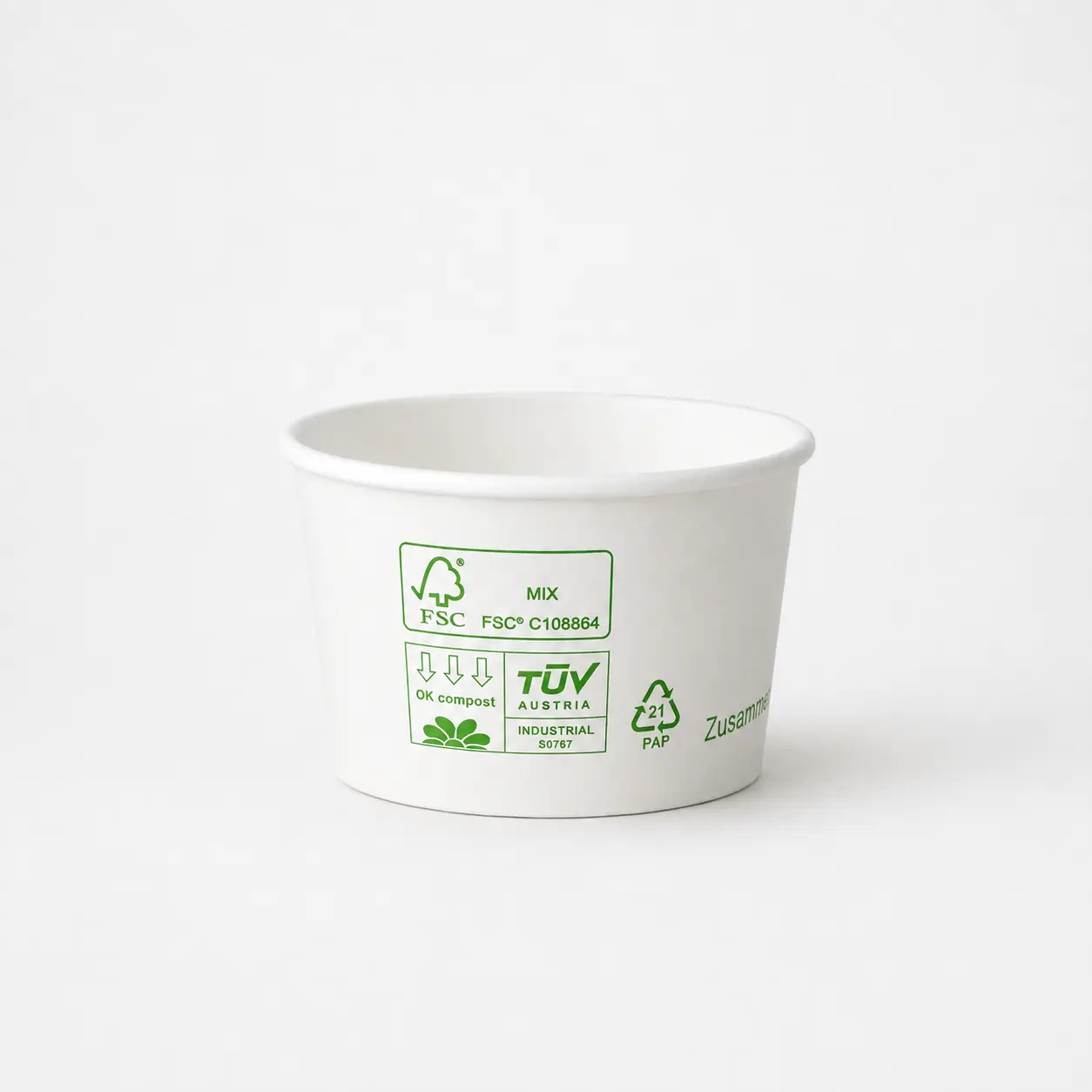 Eisbecher aus Papur-Pappe 340ml mit 101mm Durchmesser und 63mm Höhe mit PAPUR-FSC-Design und ohne Beschichtung