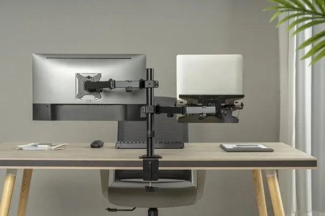 Ergonomische Notebook- und Bildschirmhalterung zur Tisch- und Schraubmontage von Digitus - Livebild hinten