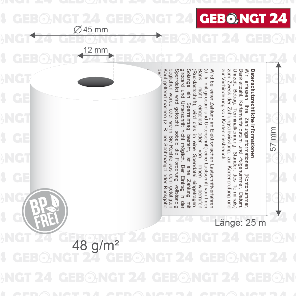 Maße der Thermorolle 57mm x 25m x 12mm Sepa Lastschrifttext ǀ  BP frei